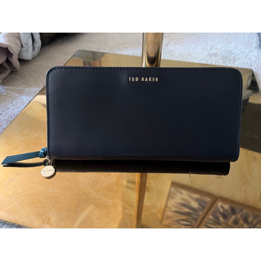 TED BAKER Aminne Black Leather Zippy Wallet Purse Teal Interior Gold Hardware